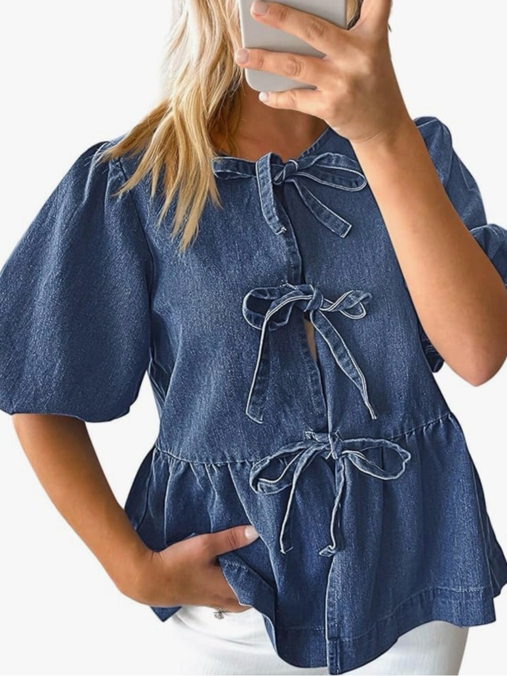 Denim Tie-Front Peplum Top - Blue